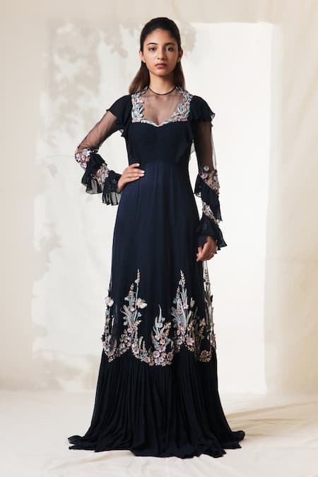 Vivek Patel Blue Viscose Georgette Round Embroidered Gown 