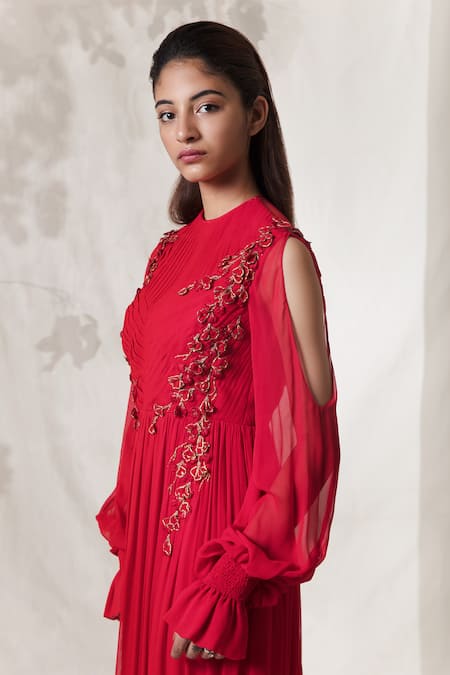 Vivek Patel_Red Viscose Georgette Round Embroidered Gown_Online_at_Aza_Fashions