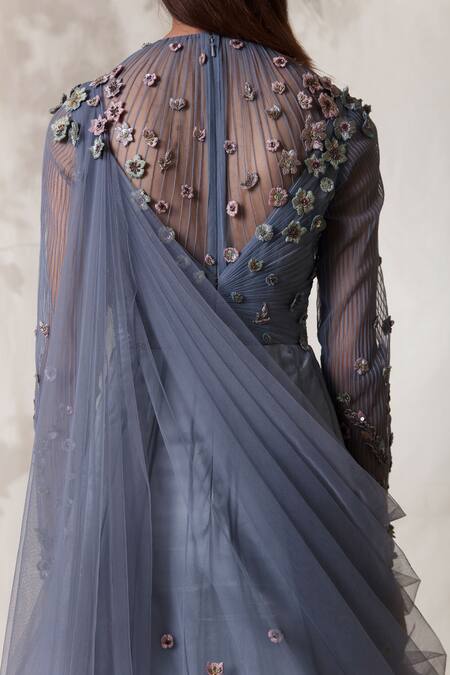 Buy_Vivek Patel_Blue Tulle Round Embroidered Saree Gown_Online_at_Aza_Fashions