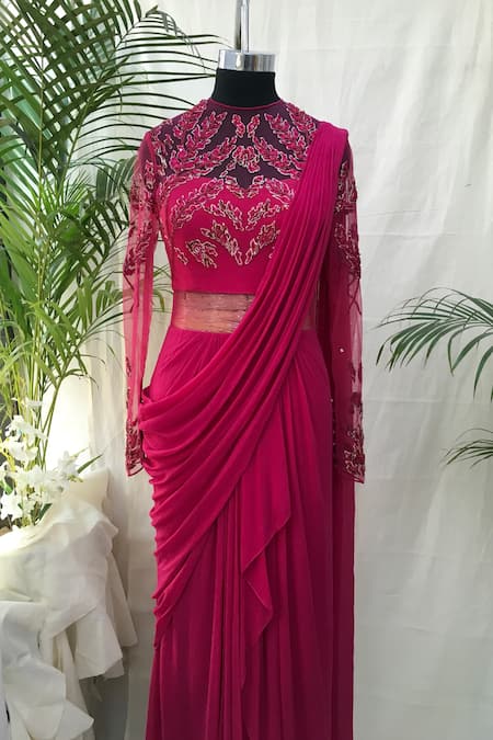 Vivek Patel_Pink Viscose Georgette Round Embroidered Saree Gown _Online_at_Aza_Fashions