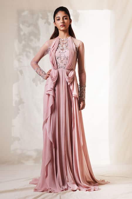 Vivek Patel_Pink Viscose Crepe Round Embroidered Draped Gown _Online_at_Aza_Fashions