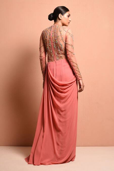 Shop_Vivek Patel_Pink Georgette Round Embellished Saree Gown _at_Aza_Fashions