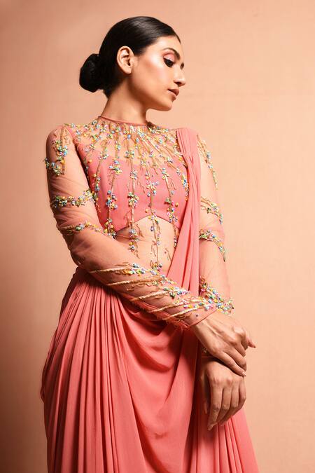 Buy_Vivek Patel_Pink Georgette Round Embellished Saree Gown _Online_at_Aza_Fashions