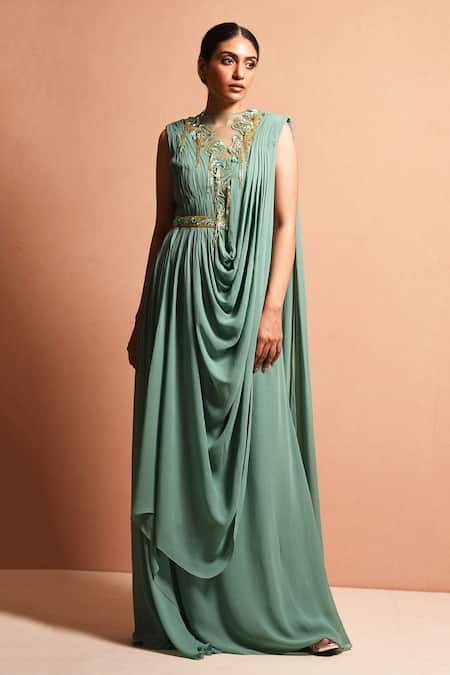 Vivek Patel Green Georgette Round Embellished Saree Gown