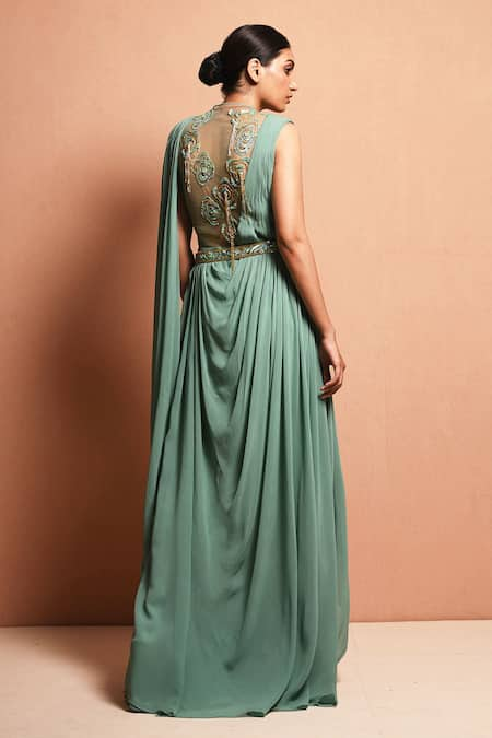 Vivek Patel Green Georgette Round Embellished Saree Gown  2