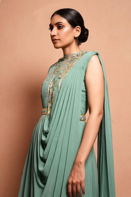 Vivek Patel Green Georgette Round Embellished Saree Gown  4