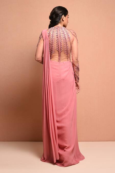 Shop_Vivek Patel_Pink Georgette Round Embellished Saree Gown _at_Aza_Fashions