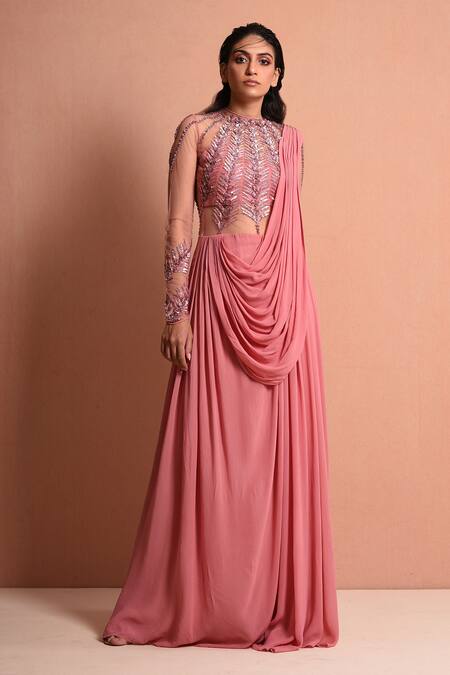 Vivek Patel_Pink Georgette Round Embellished Saree Gown _Online_at_Aza_Fashions
