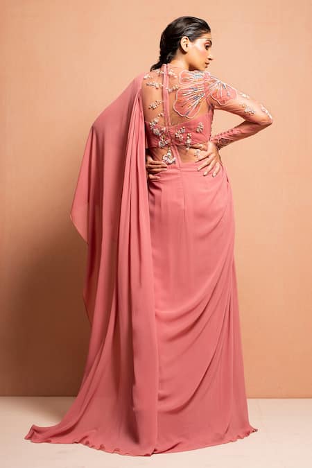 Shop Vivek Patel Pink Georgette Round Embellished Saree Gown at Aza Fashions Shop_Vivek Patel_Pink Georgette Round Embellished Saree Gown _at_Aza_Fashions
