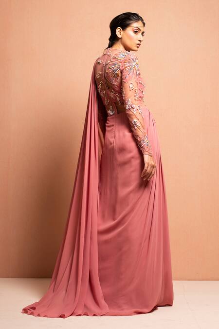 Vivek Patel Pink Georgette Round Embellished Saree Gown Online at Aza Fashions Vivek Patel_Pink Georgette Round Embellished Saree Gown _Online_at_Aza_Fashions