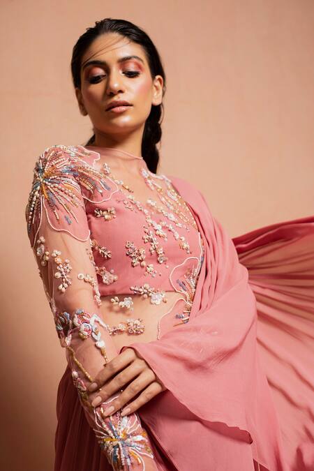 Buy Vivek Patel Pink Georgette Round Embellished Saree Gown Online at Aza Fashions Buy_Vivek Patel_Pink Georgette Round Embellished Saree Gown _Online_at_Aza_Fashions