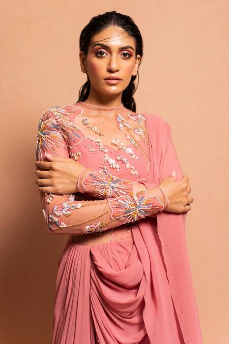 Shop Vivek Patel Pink Georgette Round Embellished Saree Gown Online at Aza Fashions Shop_Vivek Patel_Pink Georgette Round Embellished Saree Gown _Online_at_Aza_Fashions