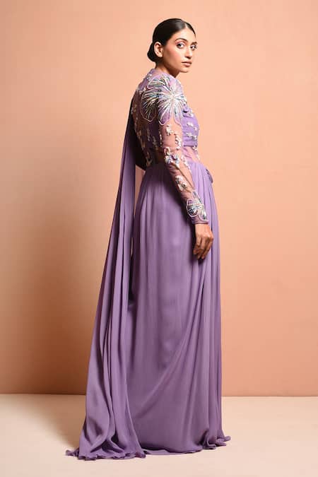 Shop Vivek Patel Purple Georgette Round Embellished Saree Gown at Aza Fashions Shop_Vivek Patel_Purple Georgette Round Embellished Saree Gown _at_Aza_Fashions