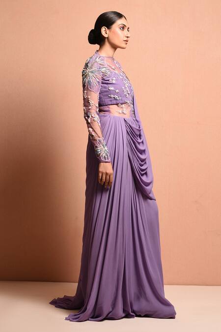 Vivek Patel Purple Georgette Round Embellished Saree Gown Online at Aza Fashions Vivek Patel_Purple Georgette Round Embellished Saree Gown _Online_at_Aza_Fashions