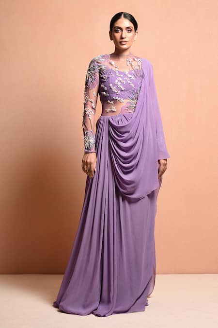Buy Vivek Patel Purple Georgette Round Embellished Saree Gown Online at Aza Fashions Buy_Vivek Patel_Purple Georgette Round Embellished Saree Gown _Online_at_Aza_Fashions