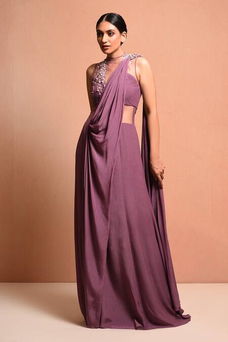 Vivek Patel Purple Crepe V Neck Embellished Saree Gown Online at Aza Fashions Vivek Patel_Purple Crepe V Neck Embellished Saree Gown _Online_at_Aza_Fashions