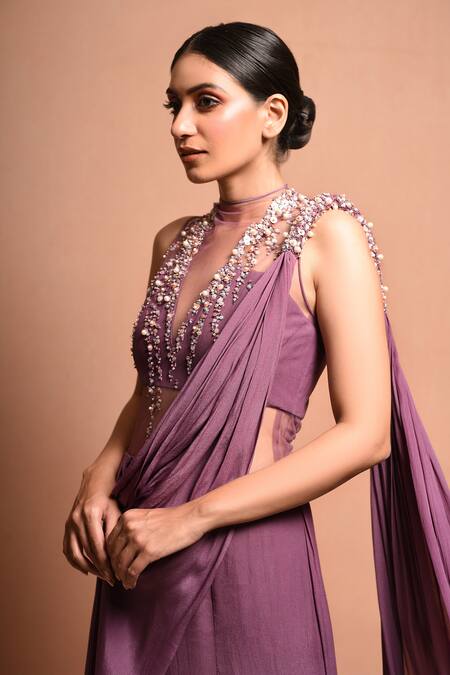 Buy Vivek Patel Purple Crepe V Neck Embellished Saree Gown Online at Aza Fashions Buy_Vivek Patel_Purple Crepe V Neck Embellished Saree Gown _Online_at_Aza_Fashions