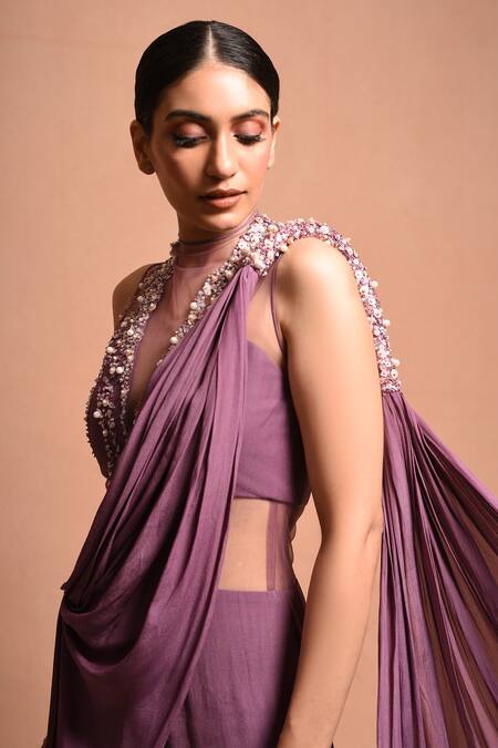Shop Vivek Patel Purple Crepe V Neck Embellished Saree Gown Online at Aza Fashions Shop_Vivek Patel_Purple Crepe V Neck Embellished Saree Gown _Online_at_Aza_Fashions