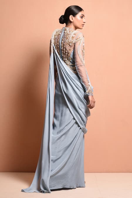 Shop Vivek Patel Blue Crepe Round Embellished Saree Gown at Aza Fashions Shop_Vivek Patel_Blue Crepe Round Embellished Saree Gown _at_Aza_Fashions