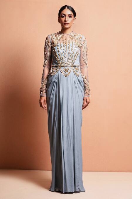 Buy Vivek Patel Blue Crepe Round Embellished Saree Gown Online at Aza Fashions Buy_Vivek Patel_Blue Crepe Round Embellished Saree Gown _Online_at_Aza_Fashions