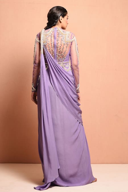 Shop Vivek Patel Purple Crepe Round Embellished Saree Gown at Aza Fashions Shop_Vivek Patel_Purple Crepe Round Embellished Saree Gown _at_Aza_Fashions
