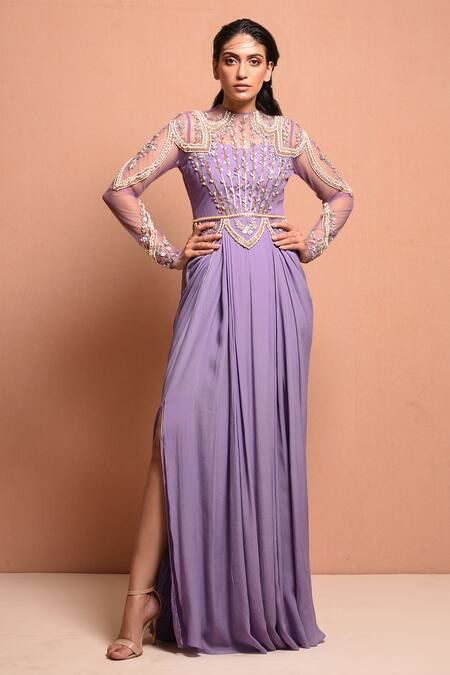 Vivek Patel Purple Crepe Round Embellished Saree Gown Online at Aza Fashions Vivek Patel_Purple Crepe Round Embellished Saree Gown _Online_at_Aza_Fashions