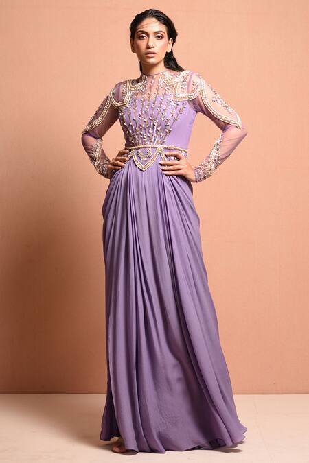Buy Vivek Patel Purple Crepe Round Embellished Saree Gown Online at Aza Fashions Buy_Vivek Patel_Purple Crepe Round Embellished Saree Gown _Online_at_Aza_Fashions