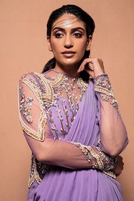 Vivek Patel Purple Crepe Round Embellished Saree Gown at Aza Fashions Vivek Patel_Purple Crepe Round Embellished Saree Gown _at_Aza_Fashions