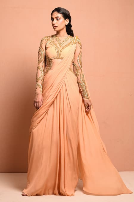 Vivek Patel_Gold Crepe Round Embellished Saree Gown _Online_at_Aza_Fashions