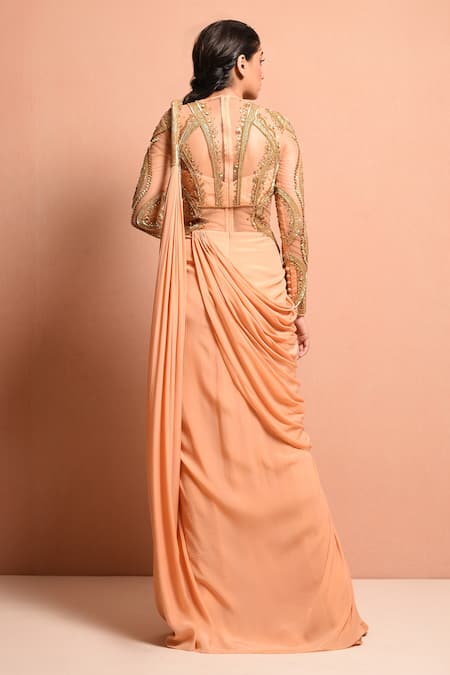 Shop_Vivek Patel_Gold Crepe Round Embellished Saree Gown _at_Aza_Fashions