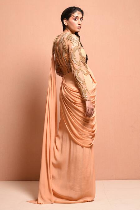 Buy_Vivek Patel_Gold Crepe Round Embellished Saree Gown _Online_at_Aza_Fashions