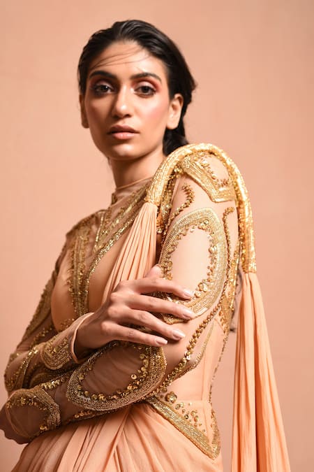 Shop_Vivek Patel_Gold Crepe Round Embellished Saree Gown _Online_at_Aza_Fashions