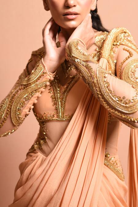 Vivek Patel_Gold Crepe Round Embellished Saree Gown _at_Aza_Fashions