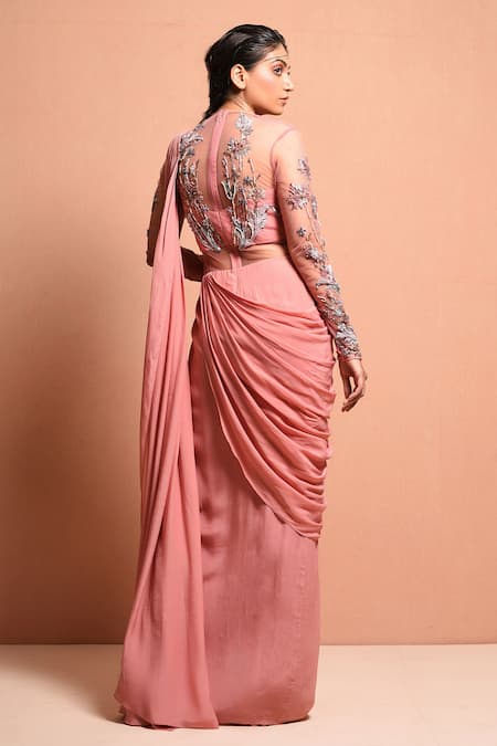 Shop_Vivek Patel_Pink Crepe Round Embellished Saree Gown _at_Aza_Fashions