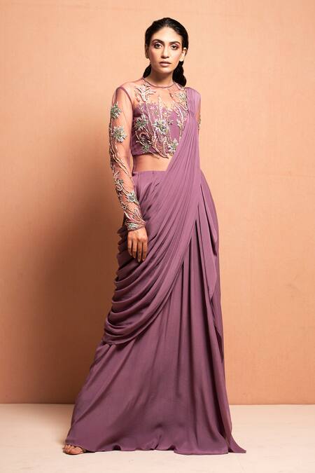 Vivek Patel Purple Crepe Round Embellished Saree Gown Online at Aza Fashions Vivek Patel_Purple Crepe Round Embellished Saree Gown _Online_at_Aza_Fashions