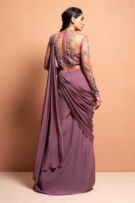 Shop Vivek Patel Purple Crepe Round Embellished Saree Gown at Aza Fashions Shop_Vivek Patel_Purple Crepe Round Embellished Saree Gown _at_Aza_Fashions
