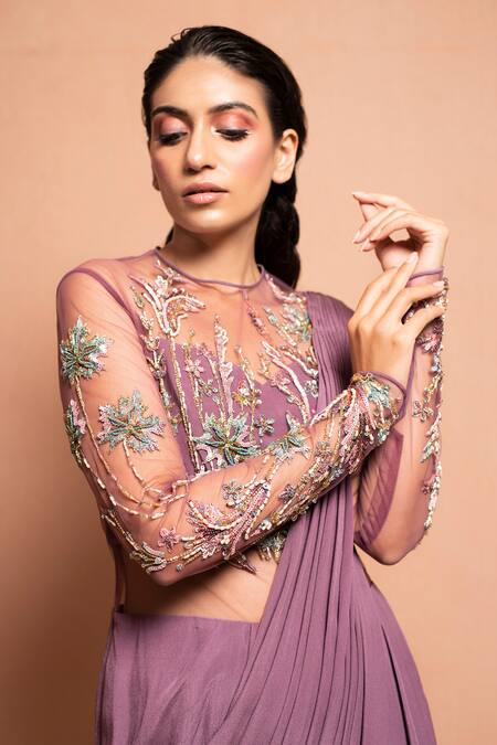 Buy Vivek Patel Purple Crepe Round Embellished Saree Gown Online at Aza Fashions Buy_Vivek Patel_Purple Crepe Round Embellished Saree Gown _Online_at_Aza_Fashions