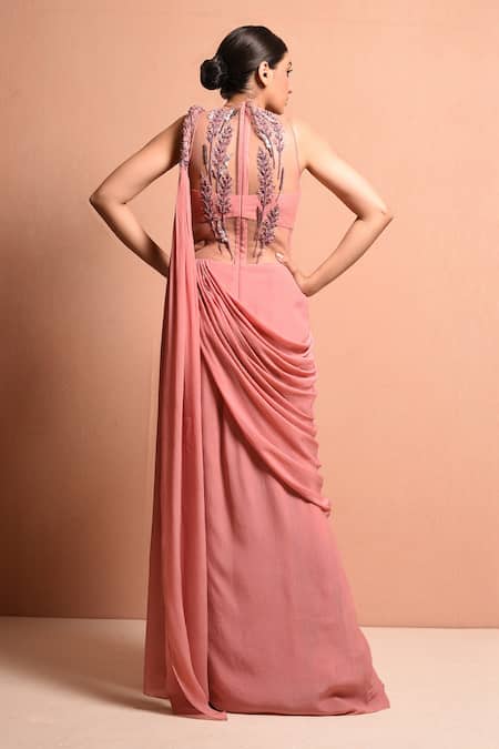 Shop Vivek Patel Pink Crepe V Neck Embellished Saree Gown at Aza Fashions Shop_Vivek Patel_Pink Crepe V Neck Embellished Saree Gown _at_Aza_Fashions