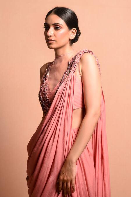 Buy Vivek Patel Pink Crepe V Neck Embellished Saree Gown Online at Aza Fashions Buy_Vivek Patel_Pink Crepe V Neck Embellished Saree Gown _Online_at_Aza_Fashions