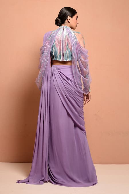 Shop Vivek Patel Purple Georgette High Neck Pre-draped Saree With Embellished Blouse at Aza Fashions Shop_Vivek Patel_Purple Georgette High Neck Pre-draped Saree With Embellished Blouse _at_Aza_Fashions