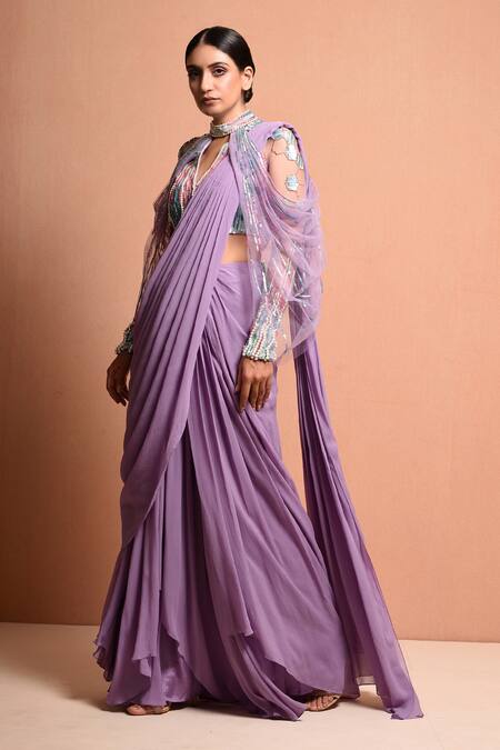 Vivek Patel Purple Georgette High Neck Pre-draped Saree With Embellished Blouse Online at Aza Fashions Vivek Patel_Purple Georgette High Neck Pre-draped Saree With Embellished Blouse _Online_at_Aza_Fashions