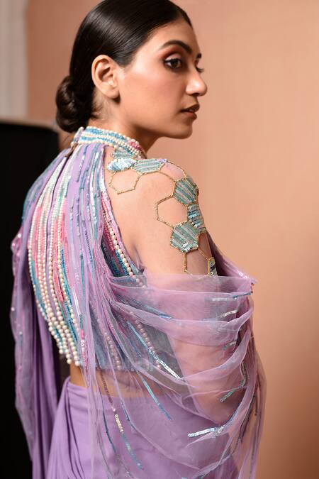 Shop Vivek Patel Purple Georgette High Neck Pre-draped Saree With Embellished Blouse Online at Aza Fashions Shop_Vivek Patel_Purple Georgette High Neck Pre-draped Saree With Embellished Blouse _Online_at_Aza_Fashions