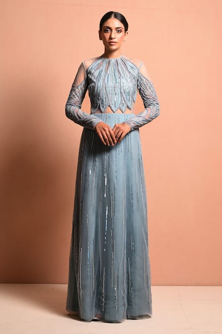 Vivek Patel Blue Tulle, Silk Organza Round Embellished Gown