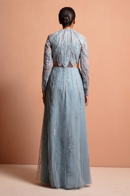 Shop Vivek Patel Blue Tulle, Silk Organza Round Embellished Gown at Aza Fashions Shop_Vivek Patel_Blue Tulle, Silk Organza Round Embellished Gown_at_Aza_Fashions