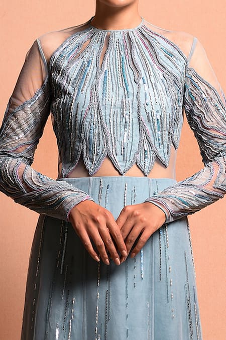 Buy Vivek Patel Blue Tulle, Silk Organza Round Embellished Gown Online at Aza Fashions Buy_Vivek Patel_Blue Tulle, Silk Organza Round Embellished Gown_Online_at_Aza_Fashions