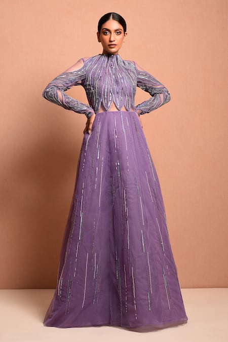 Vivek Patel Purple Tulle Round Embellished Gown 