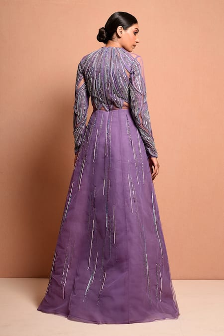 Shop Vivek Patel Purple Tulle, Silk Organza Round Embellished Gown at Aza Fashions Shop_Vivek Patel_Purple Tulle, Silk Organza Round Embellished Gown_at_Aza_Fashions