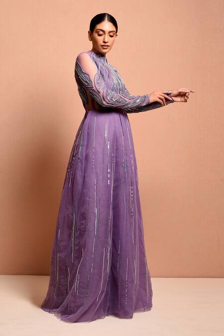 Vivek Patel Purple Tulle, Silk Organza Round Embellished Gown Online at Aza Fashions Vivek Patel_Purple Tulle, Silk Organza Round Embellished Gown_Online_at_Aza_Fashions