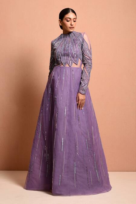 Buy Vivek Patel Purple Tulle, Silk Organza Round Embellished Gown Online at Aza Fashions Buy_Vivek Patel_Purple Tulle, Silk Organza Round Embellished Gown_Online_at_Aza_Fashions