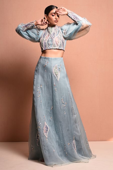 Buy Vivek Patel Blue Silk Organza High Neck Embellished Lehenga Set Online at Aza Fashions Buy_Vivek Patel_Blue Silk Organza High Neck Embellished Lehenga Set_Online_at_Aza_Fashions